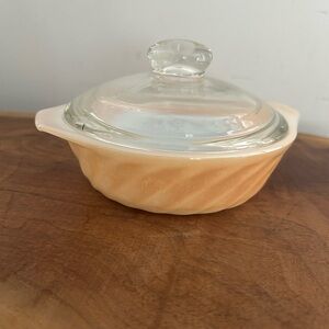 vintage  Fire-King Peach Luster Swirl casserole dish with a glass lid 6”small